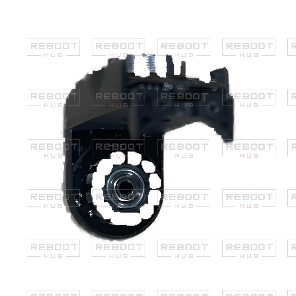 OEM-pulled DJI Mini 4K Gimbal Lower Bracket with Roll Motor on white with Reboot Hub watermark overlay — view 5