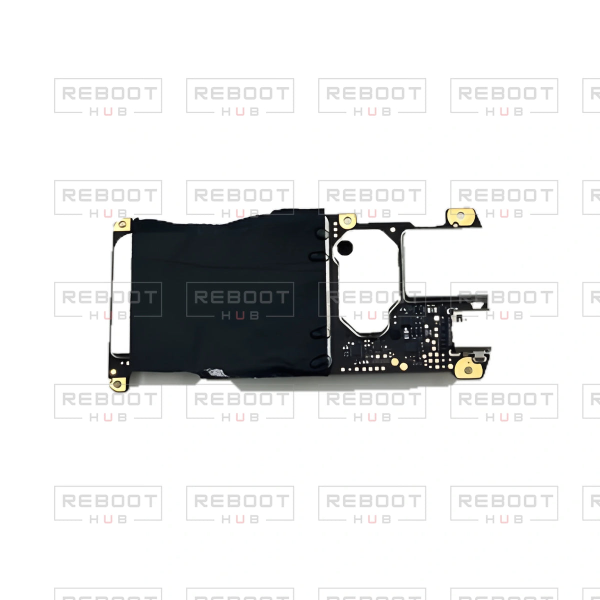 OEM-pulled DJI Mini 4K Motherboard on white with Reboot Hub watermark overlay — view 1