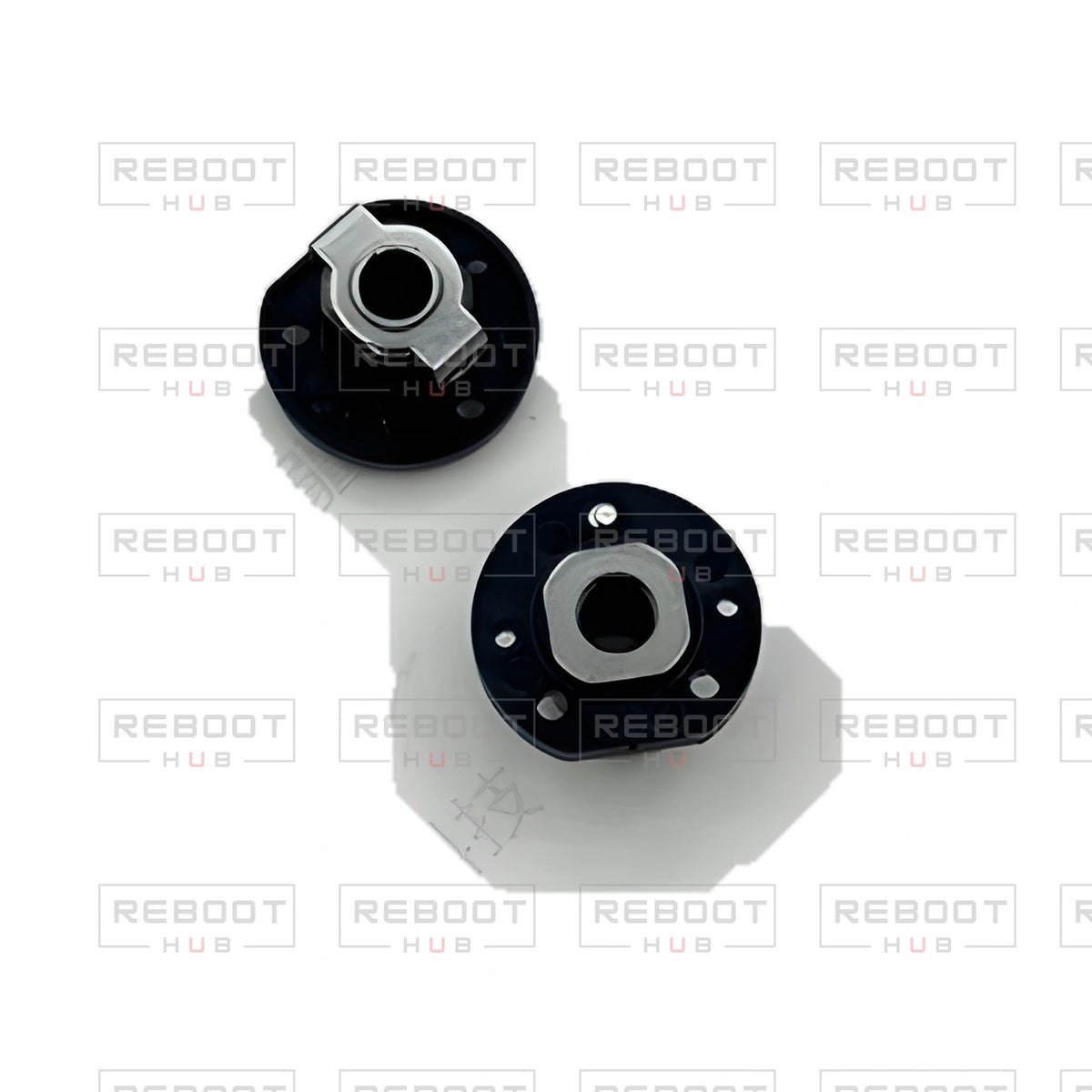 OEM-pulled DJI Mini 4K Rear Arm Hinge Axis on white with Reboot Hub watermark overlay — view 1