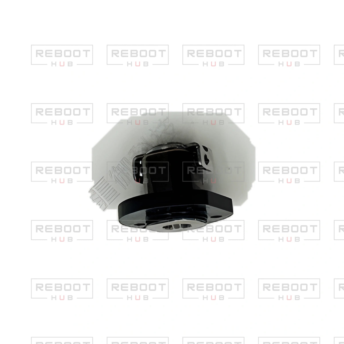 OEM-pulled DJI Mini 4K Rear Arm Hinge Axis on white with Reboot Hub watermark overlay — view 3