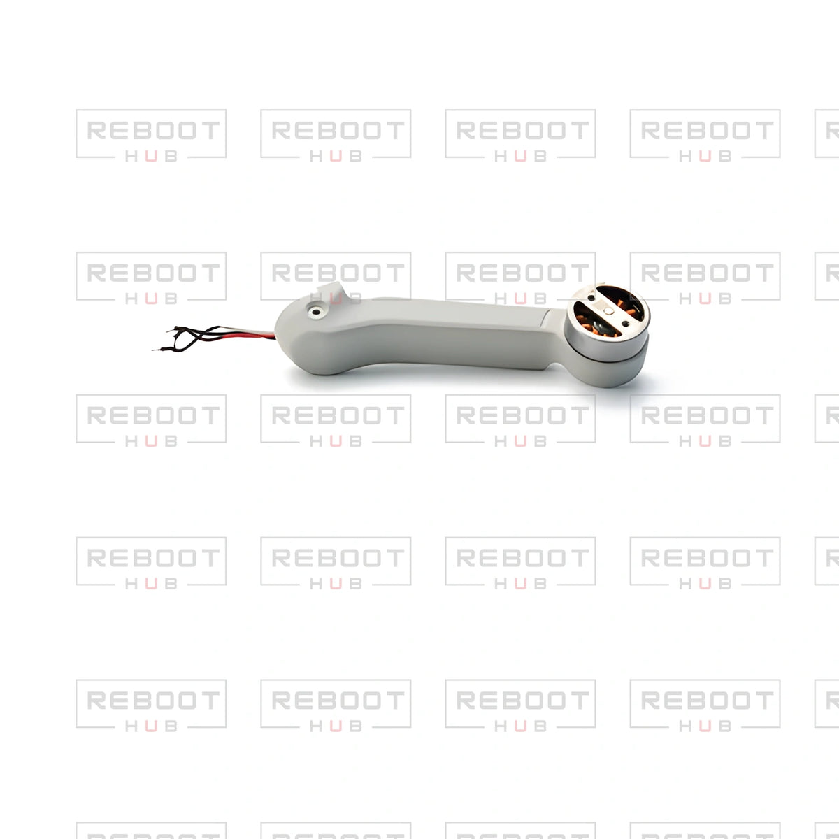 OEM-pulled DJI Mini 4K Rear Arm Left on white with Reboot Hub watermark overlay — view 1