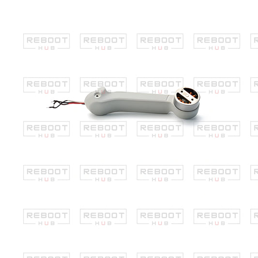 OEM-pulled DJI Mini 4K Rear Arm Left on white with Reboot Hub watermark overlay — view 1