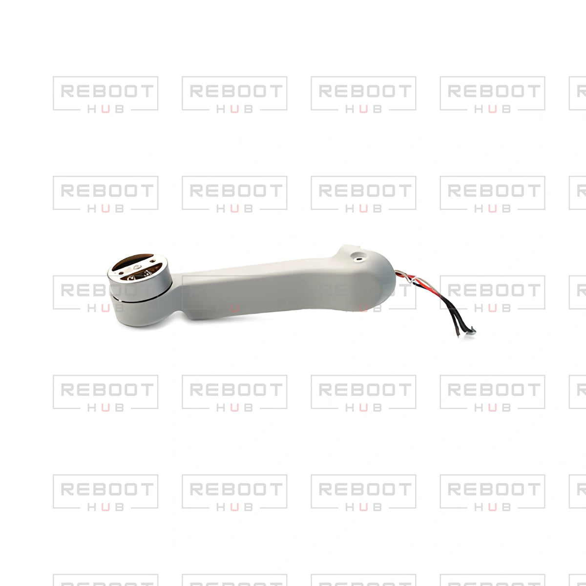OEM-pulled DJI Mini 4K Rear Arm Right on white with Reboot Hub watermark overlay — view 1