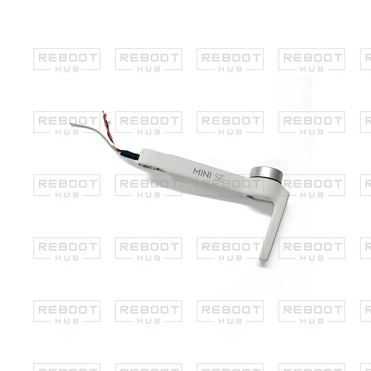 OEM-pulled DJI Mini SE Front Arm Left on white with Reboot Hub watermark overlay — view 1