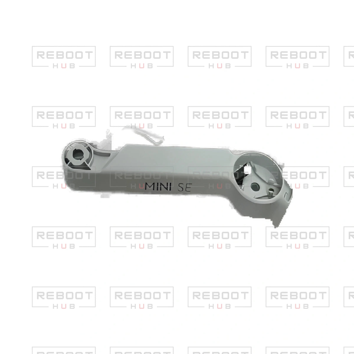 OEM-pulled DJI Mini SE Front Arm Shell Left on white with Reboot Hub watermark overlay — view 1