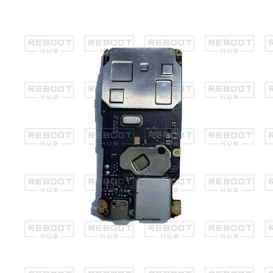 OEM-pulled DJI Mini SE Motherboard on white with Reboot Hub watermark overlay — view 1