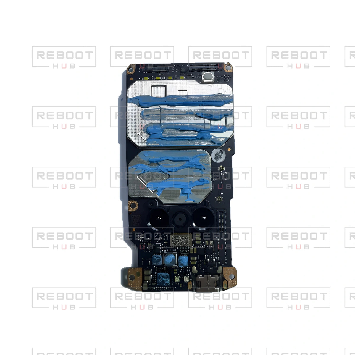 OEM-pulled DJI Mini SE Motherboard on white with Reboot Hub watermark overlay — view 2