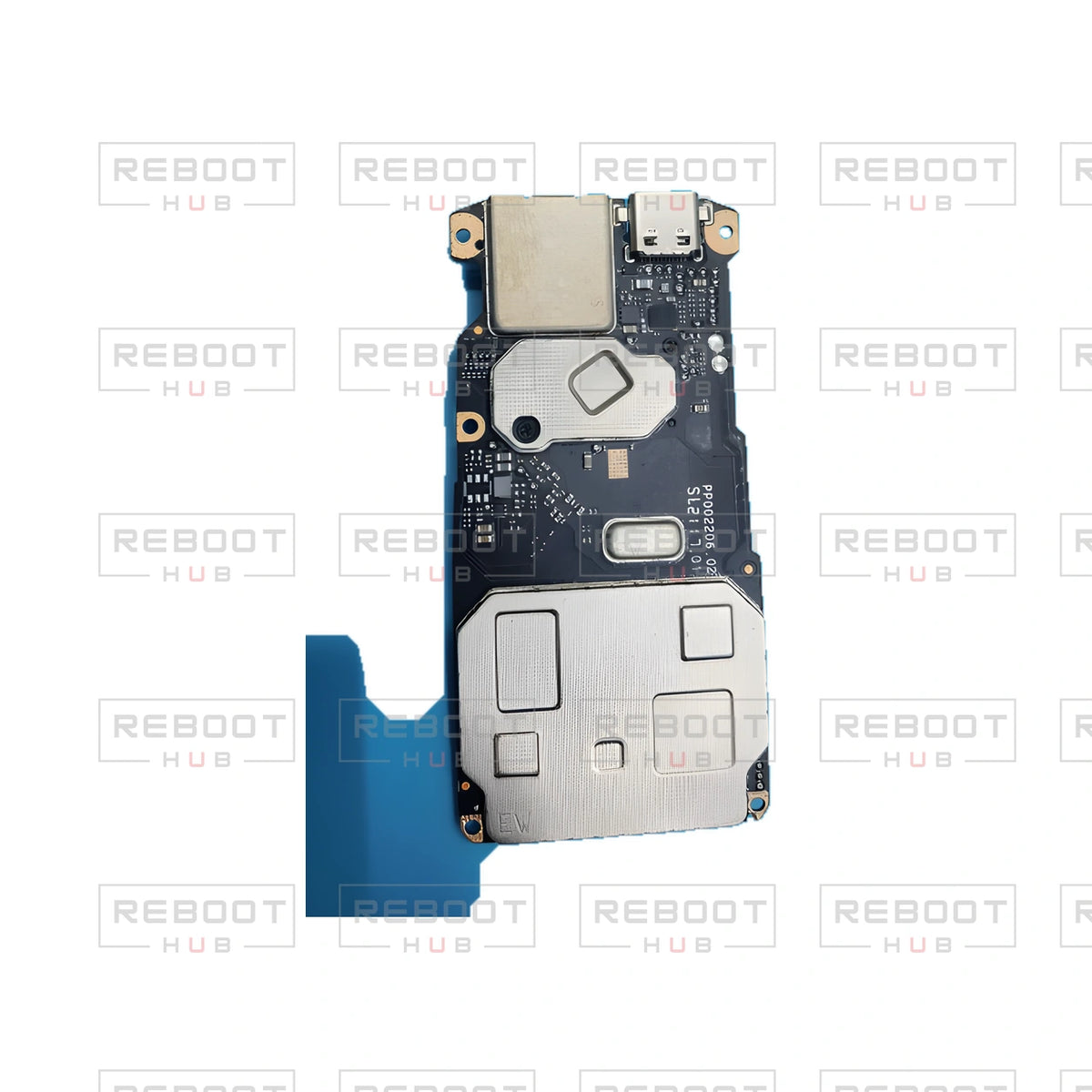OEM-pulled DJI Mini SE Motherboard on white with Reboot Hub watermark overlay — view 3