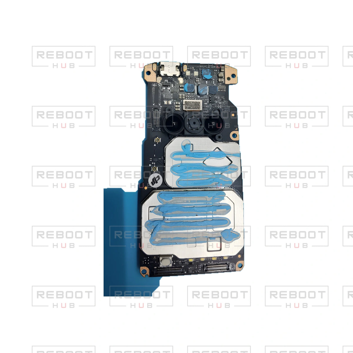 OEM-pulled DJI Mini SE Motherboard on white with Reboot Hub watermark overlay — view 4