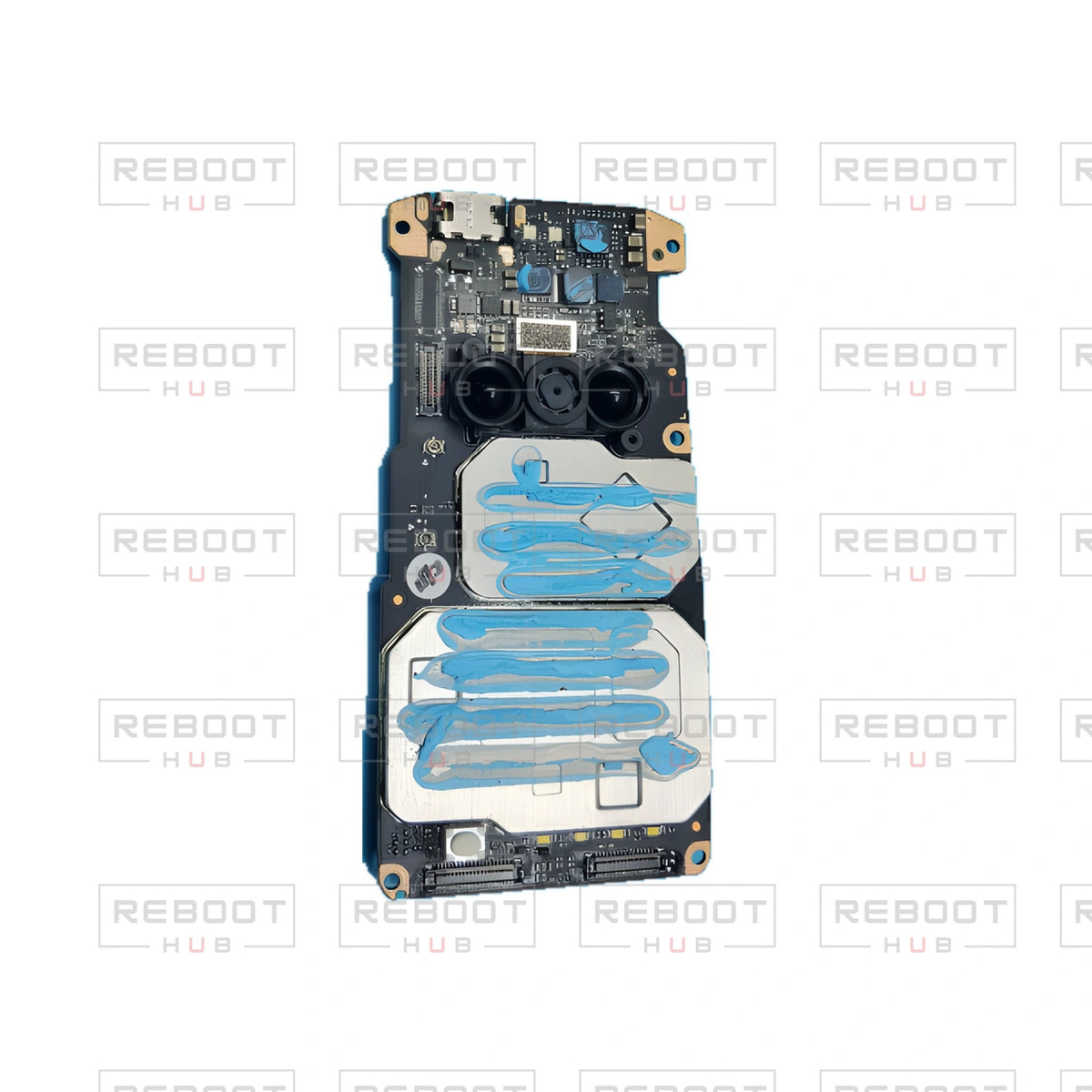OEM-pulled DJI Mini SE Motherboard on white with Reboot Hub watermark overlay — view 5