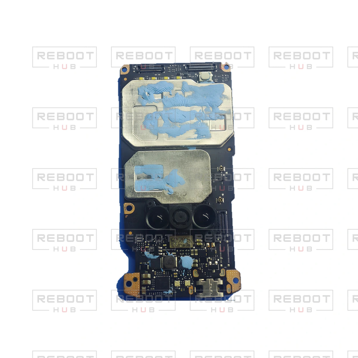 OEM-pulled DJI Mini SE Motherboard on white with Reboot Hub watermark overlay — view 6