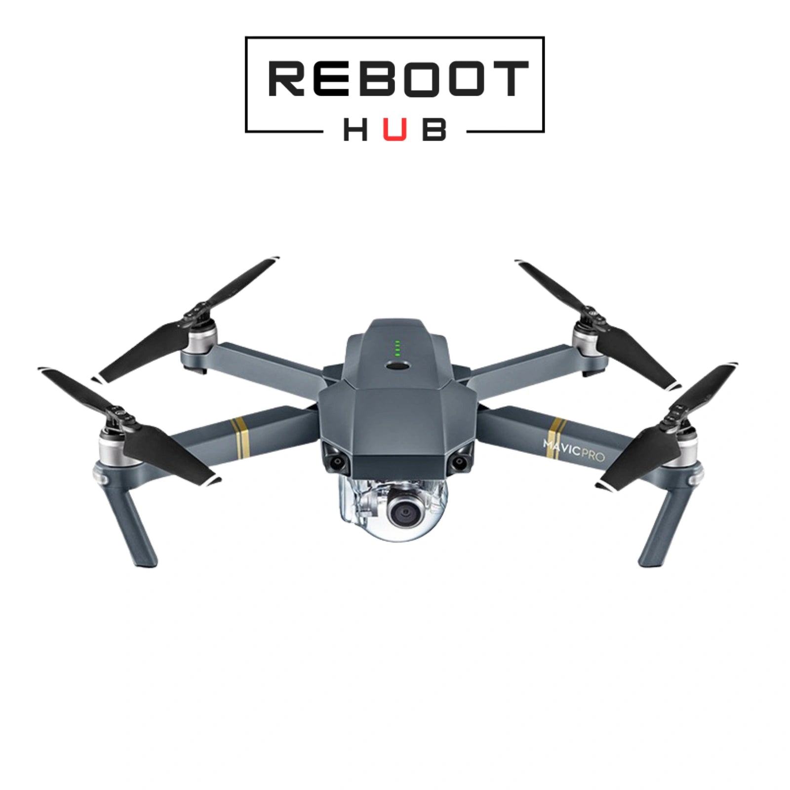 Certified Refurbished DJI Mavic Pro drone in gray body, showing compact design.