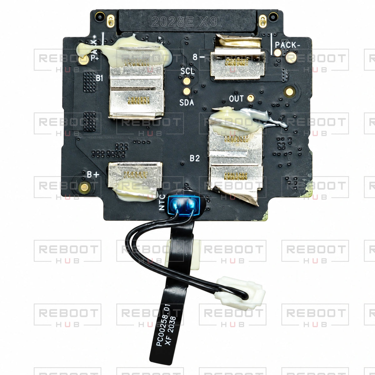 OEM-pulled DJI Air 2 Battery Motherboard on white with Reboot Hub watermark overlay — view 1