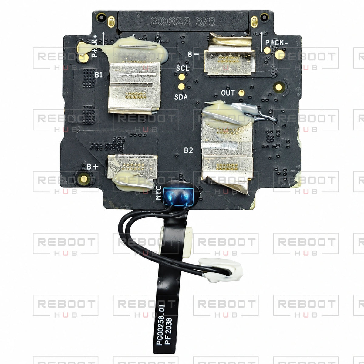 OEM-pulled DJI Air 2S Battery Motherboard on white with Reboot Hub watermark overlay — view 1