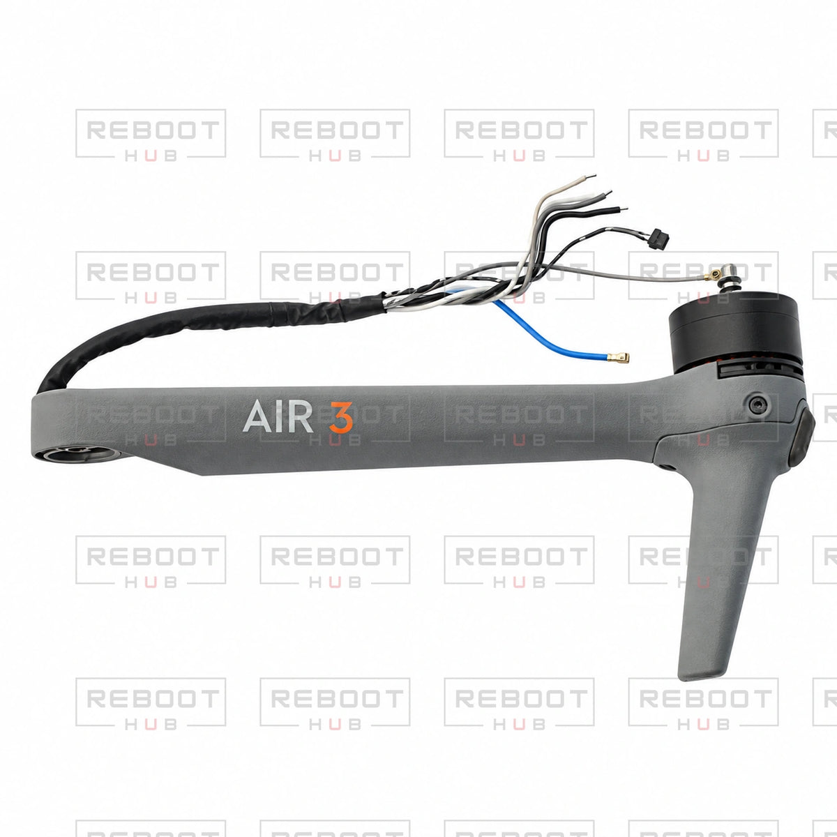 OEM-pulled DJI Air 3 Front Arm Shell with Faulty Motor Left on white with Reboot Hub watermark overlay