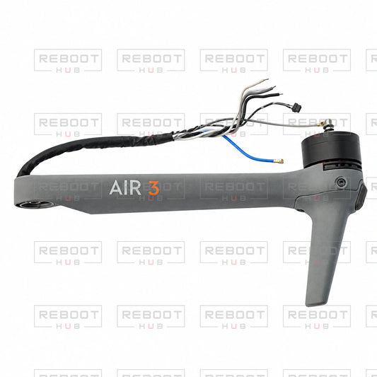 OEM-pulled DJI Air 3 Front Arm Shell with Faulty Motor Left on white with Reboot Hub watermark overlay