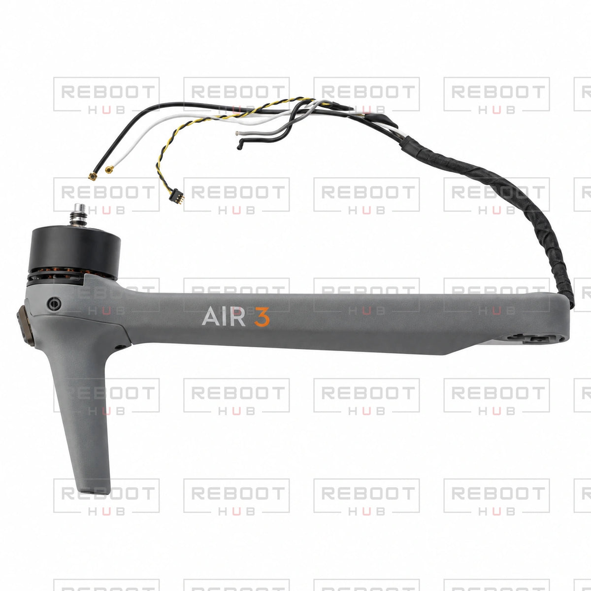 OEM-pulled DJI Air 3 Front Arm Shell with Faulty Motor Right on white with Reboot Hub watermark overlay