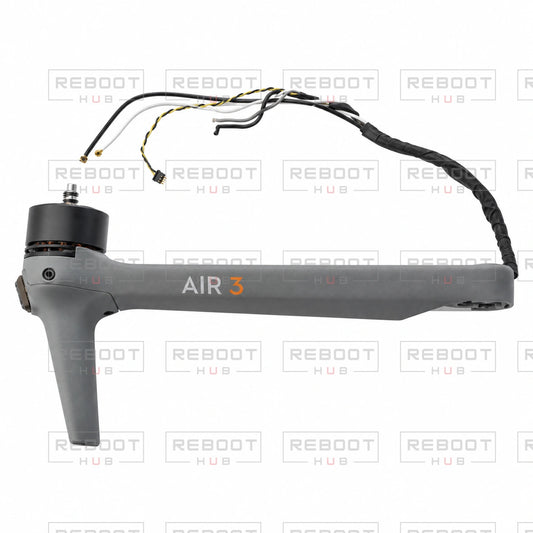 OEM-pulled DJI Air 3 Front Arm Shell with Faulty Motor Right on white with Reboot Hub watermark overlay