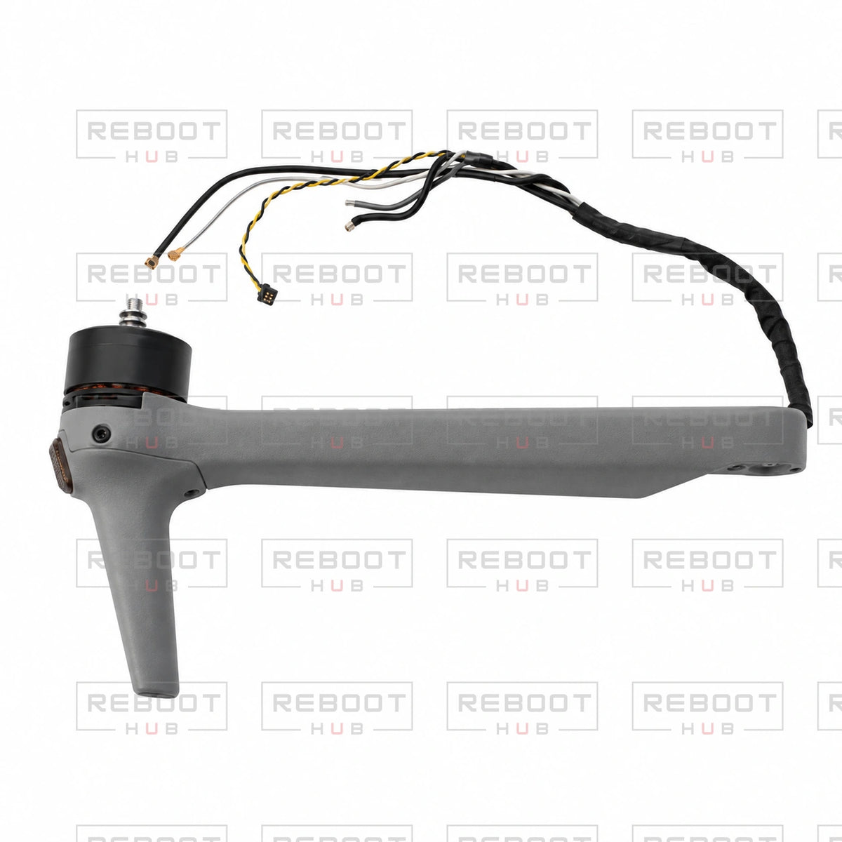 OEM-pulled DJI Air 3S Front Arm Shell with Faulty Motor Right on white with Reboot Hub watermark overlay