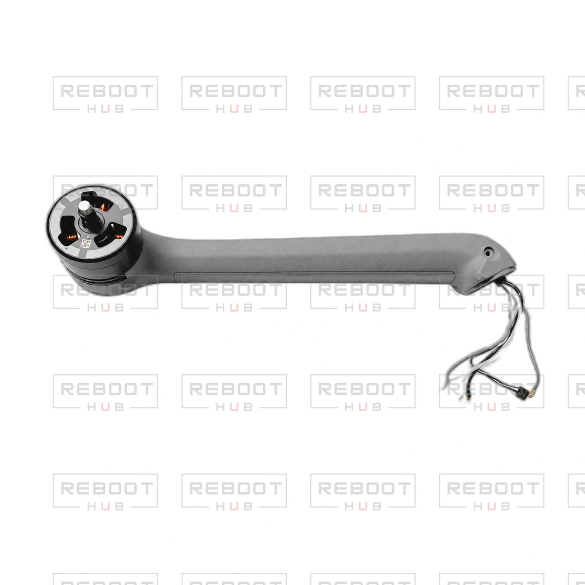 DJI Air 3S Rear Arm Left OEM-pulled motor and wiring view with Reboot Hub watermark