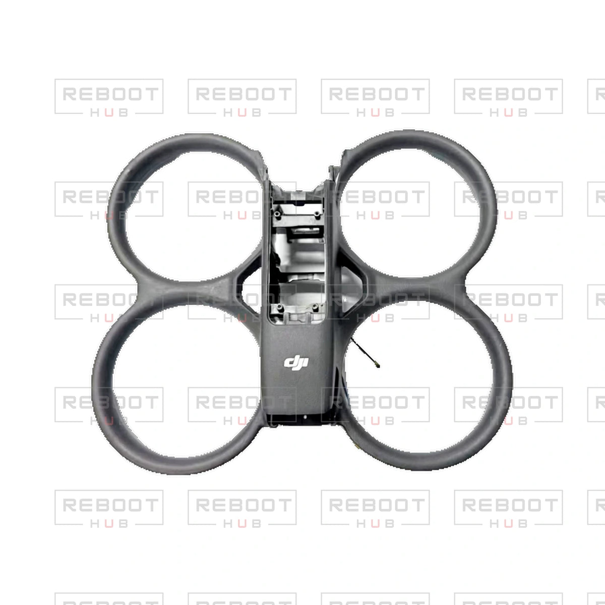 OEM-pulled DJI Avata 2 Upper Shell with Complete Antenna Set on white with Reboot Hub watermark overlay — view 2