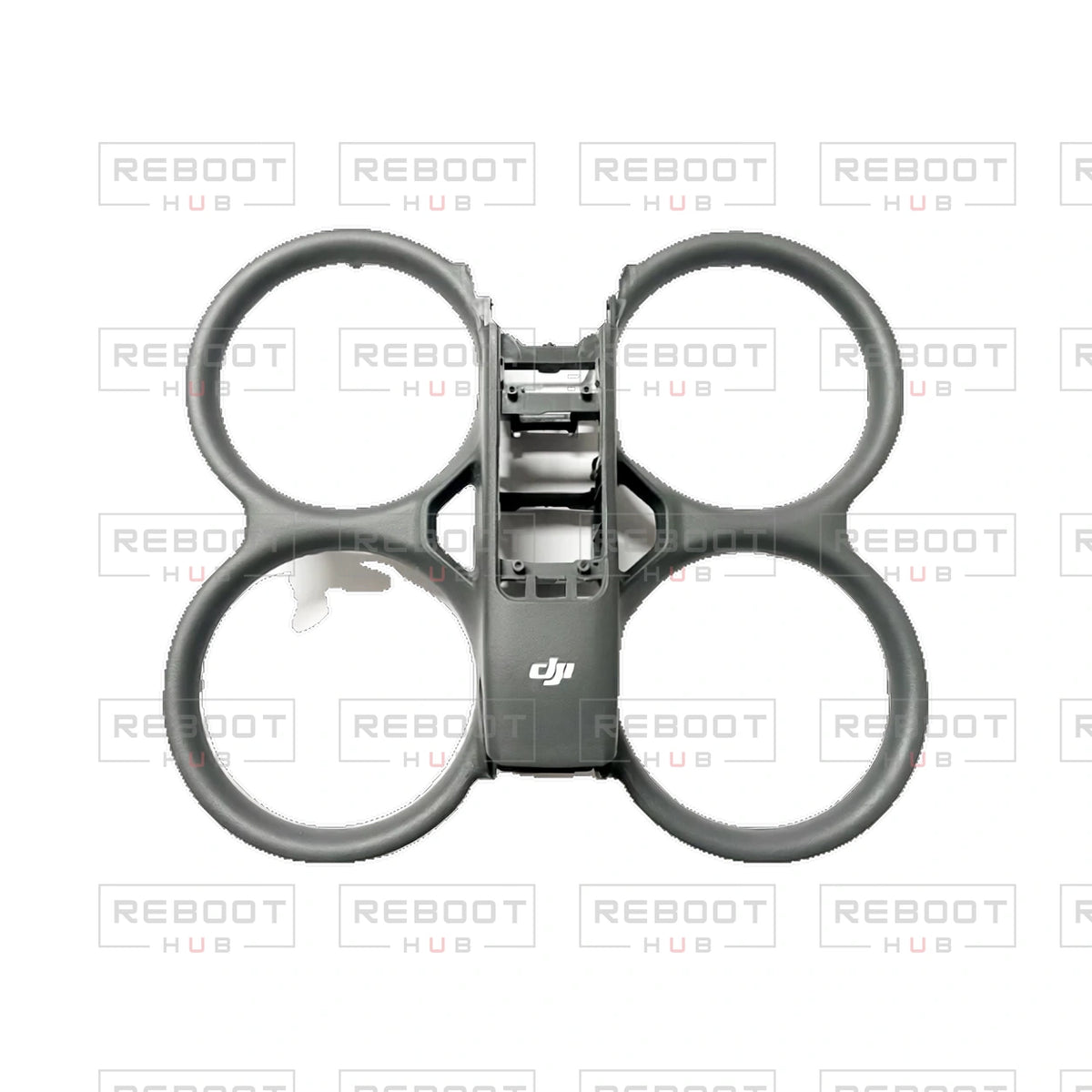 OEM-pulled DJI Avata 2 Upper Shell without Antennas on white with Reboot Hub watermark overlay — view 2