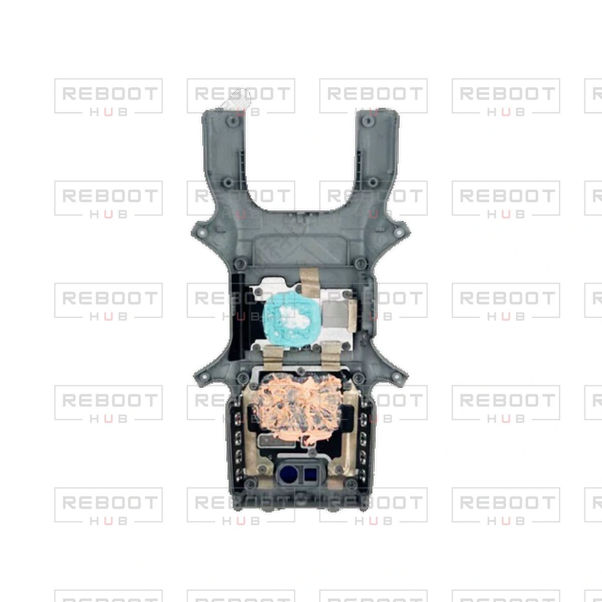 OEM-pulled DJI Avata 360 Bottom Shell with Accessories on white with Reboot Hub watermark overlay — view 3