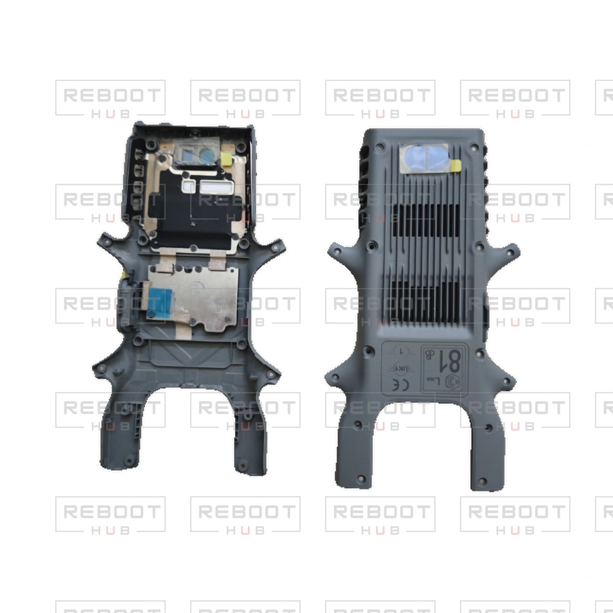 OEM-pulled DJI Avata 360 Bottom Shell with Accessories on white with Reboot Hub watermark overlay — view 5