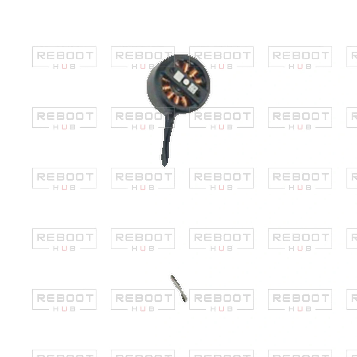 OEM-pulled DJI Avata 360 Front Arm Motor Left on white with Reboot Hub watermark overlay — view 1