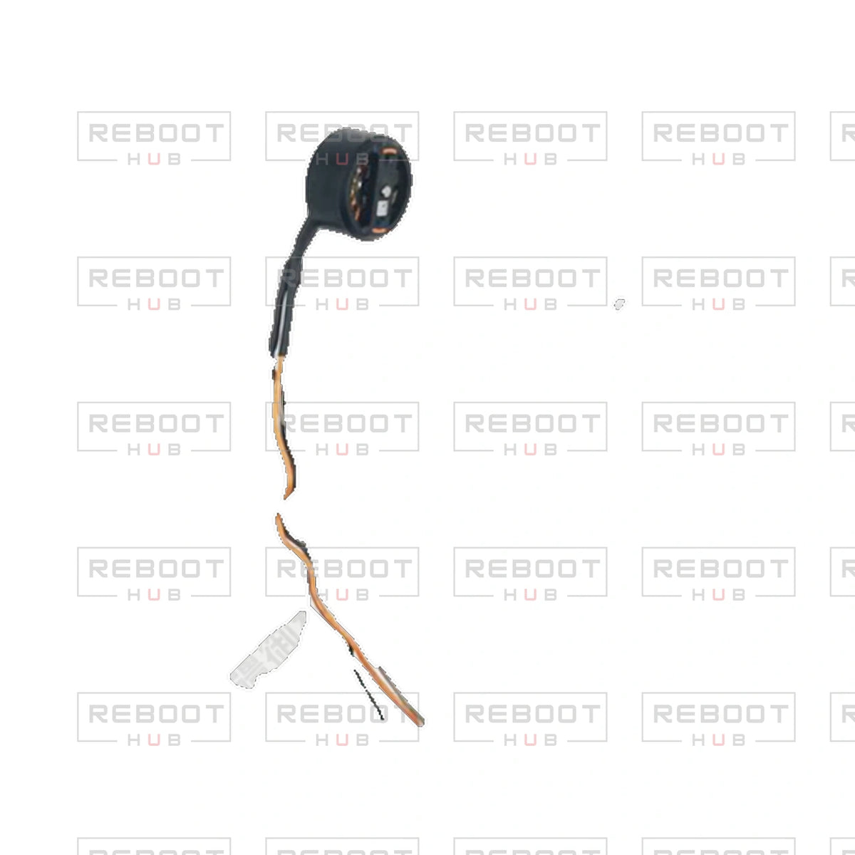 OEM-pulled DJI Avata 360 Rear Arm Motor Left on white with Reboot Hub watermark overlay — view 1