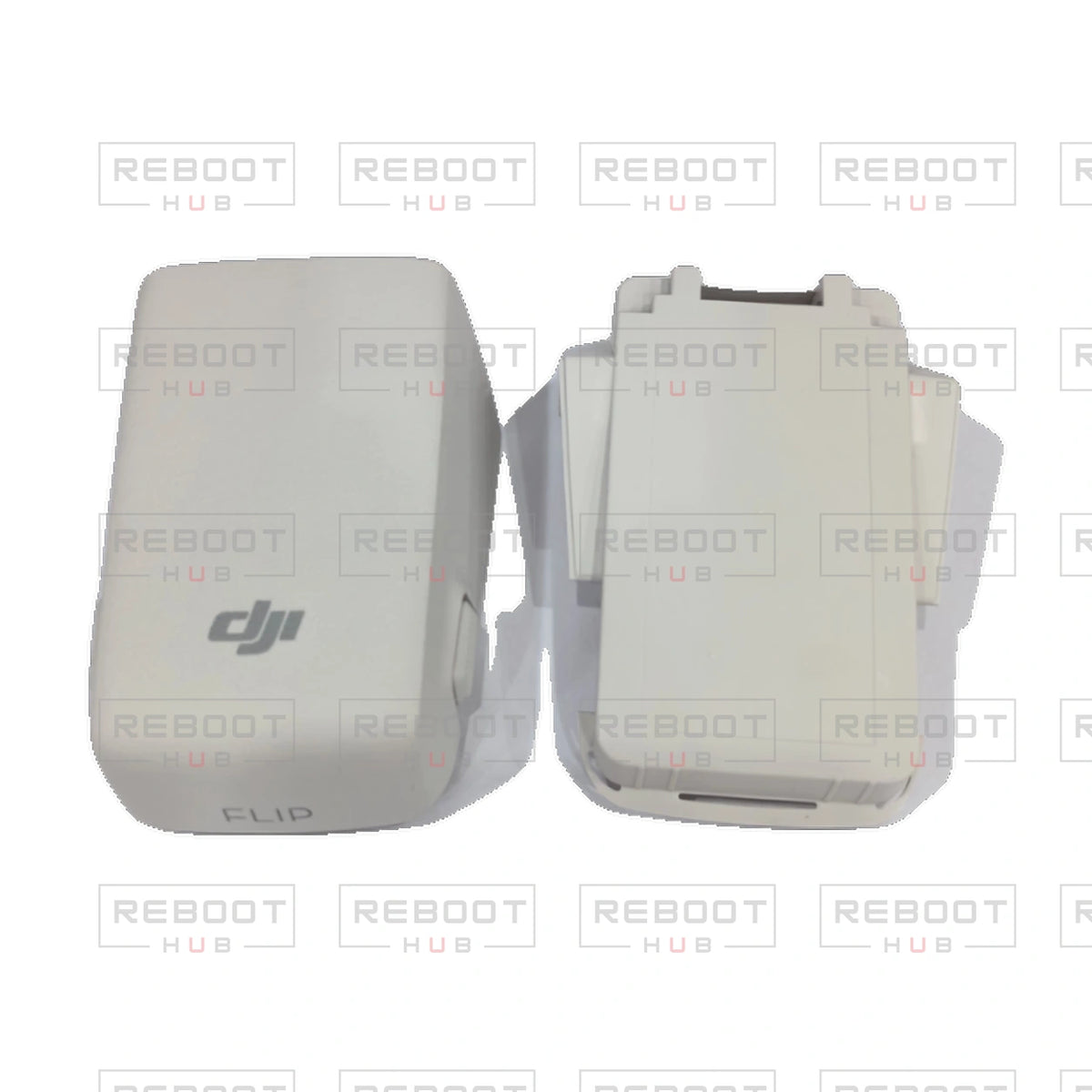 OEM-pulled DJI Flip Battery Shell on white with Reboot Hub watermark overlay — view 2