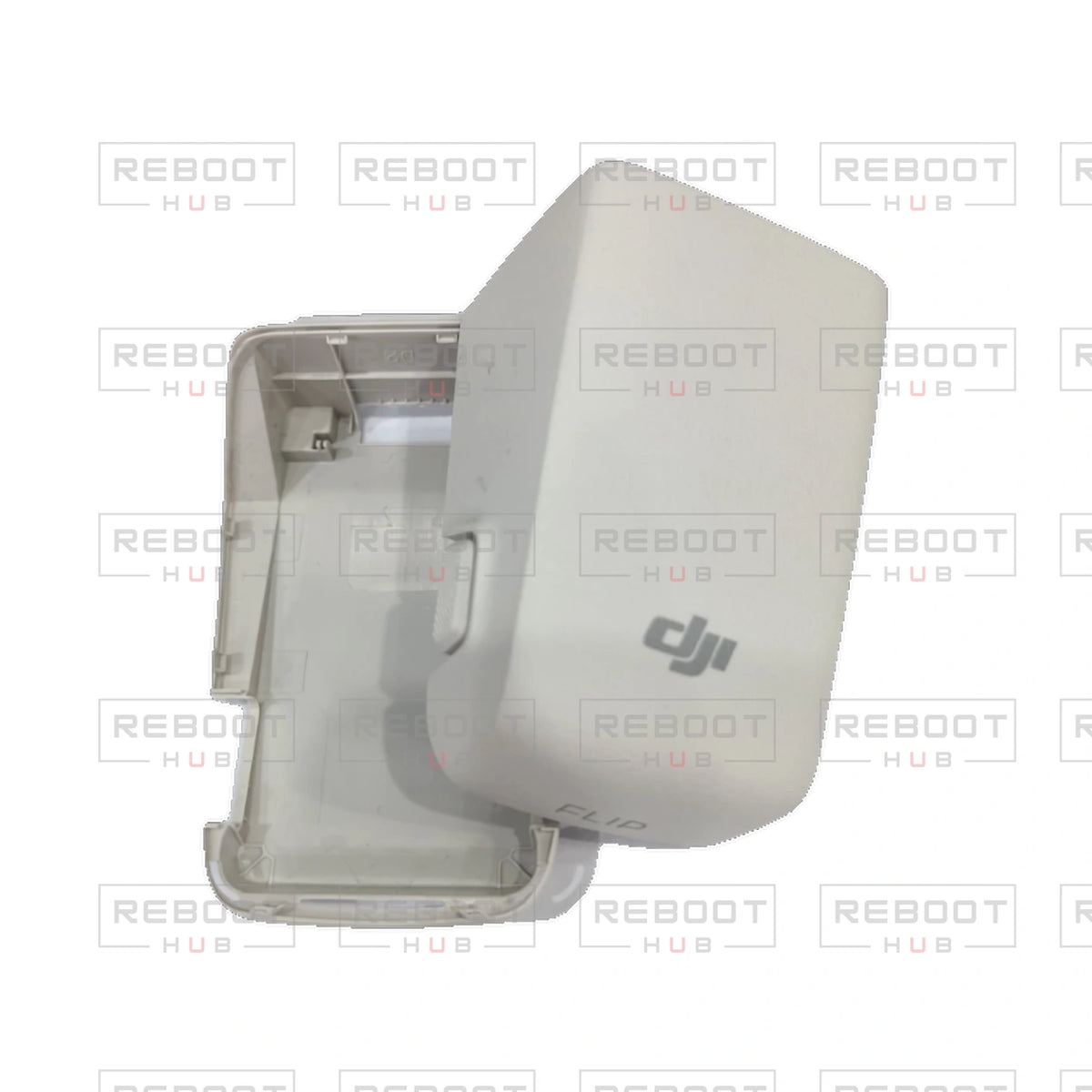 OEM-pulled DJI Flip Battery Shell on white with Reboot Hub watermark overlay — view 4