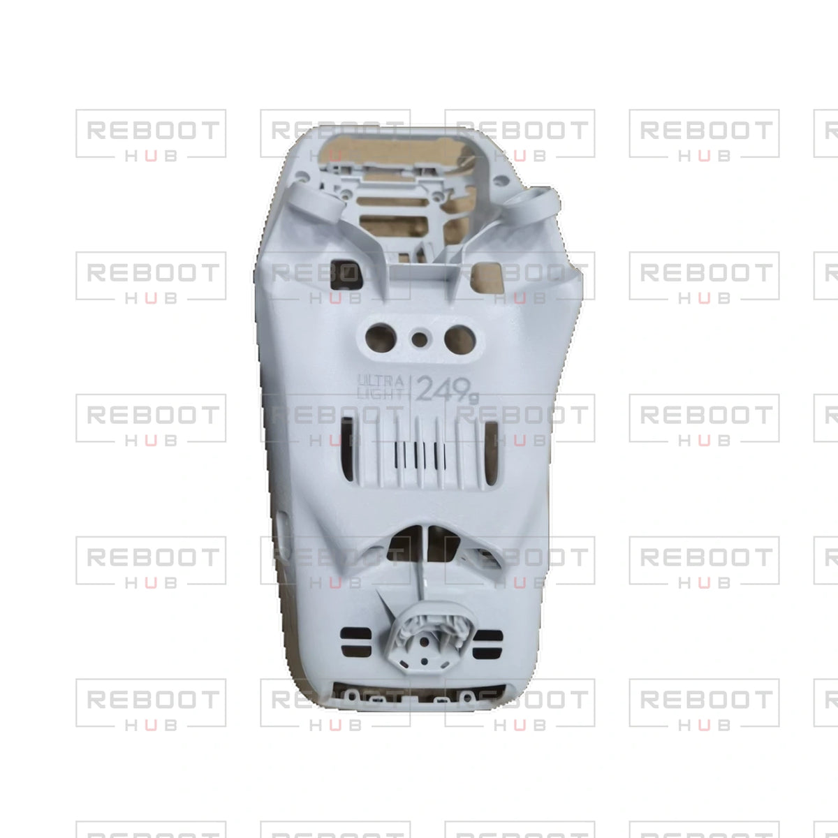 OEM-pulled DJI Flip Bottom Shell without Rubber Feet on white with Reboot Hub watermark overlay — view 2