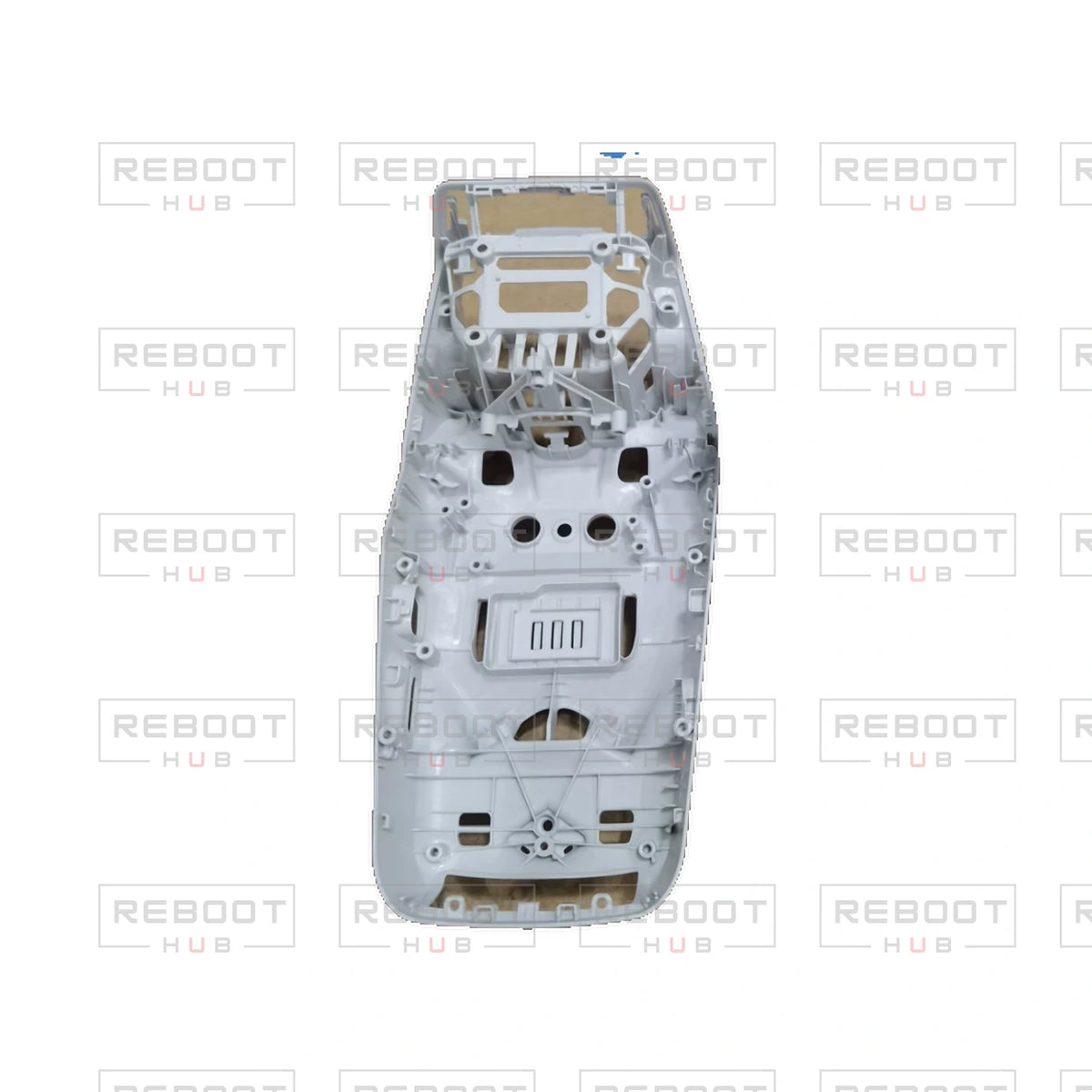 OEM-pulled DJI Flip Bottom Shell without Rubber Feet on white with Reboot Hub watermark overlay — view 3