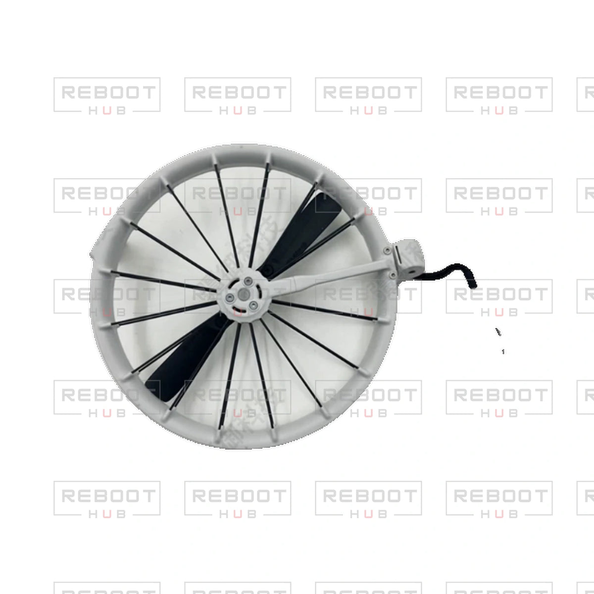 OEM-pulled DJI Flip Front Arm Left on white with Reboot Hub watermark overlay — view 1