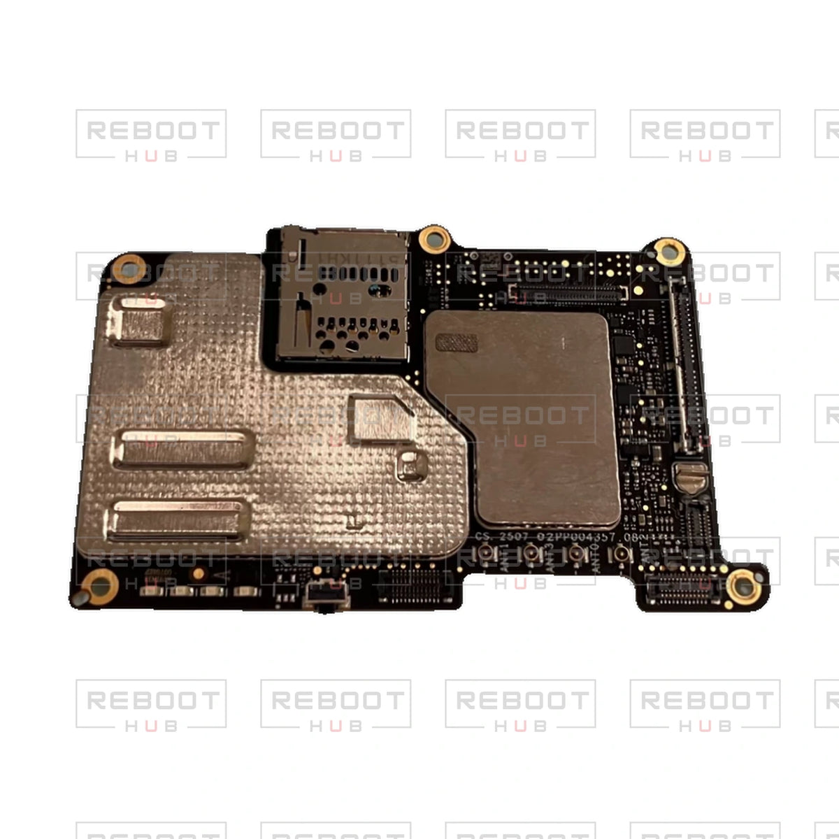 OEM-pulled DJI Flip Motherboard on white with Reboot Hub watermark overlay — view 2