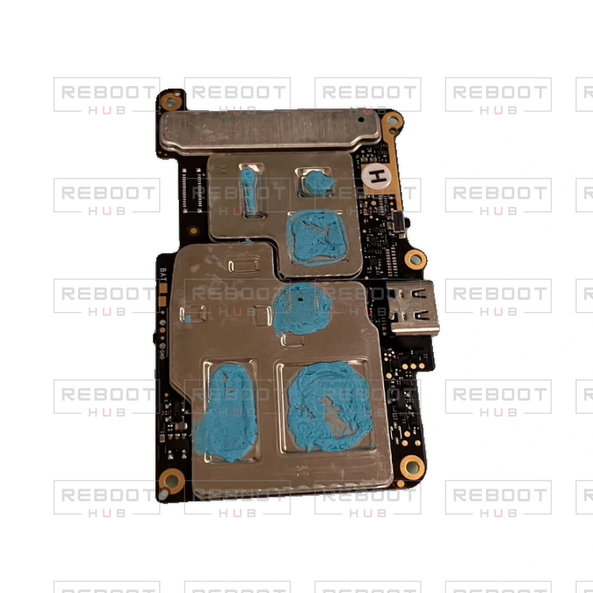 OEM-pulled DJI Flip Motherboard on white with Reboot Hub watermark overlay — view 3