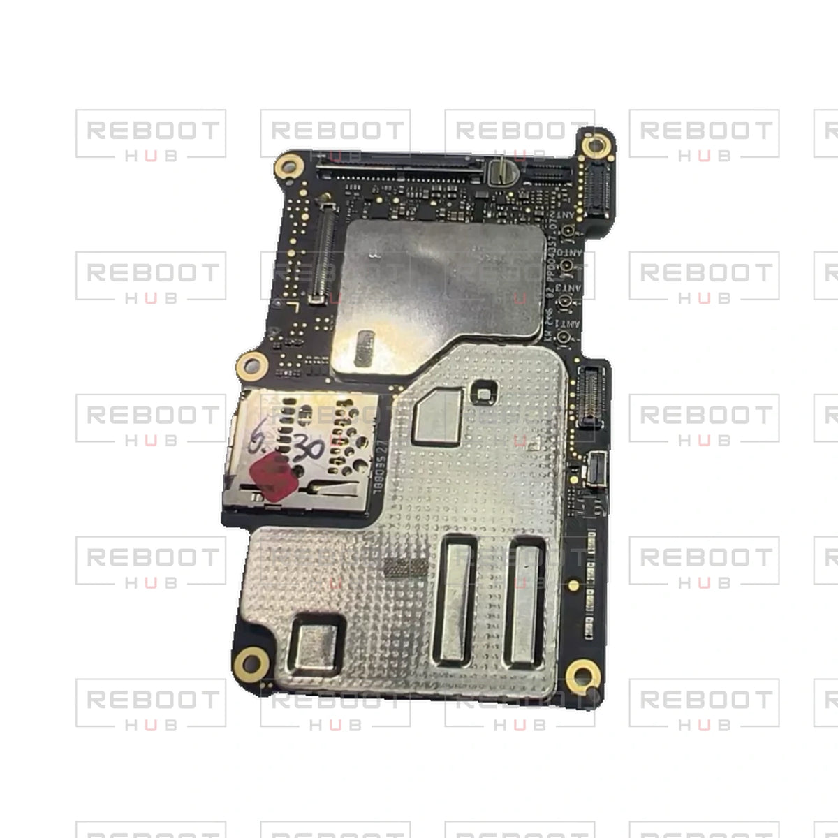 OEM-pulled DJI Flip Motherboard on white with Reboot Hub watermark overlay — view 4