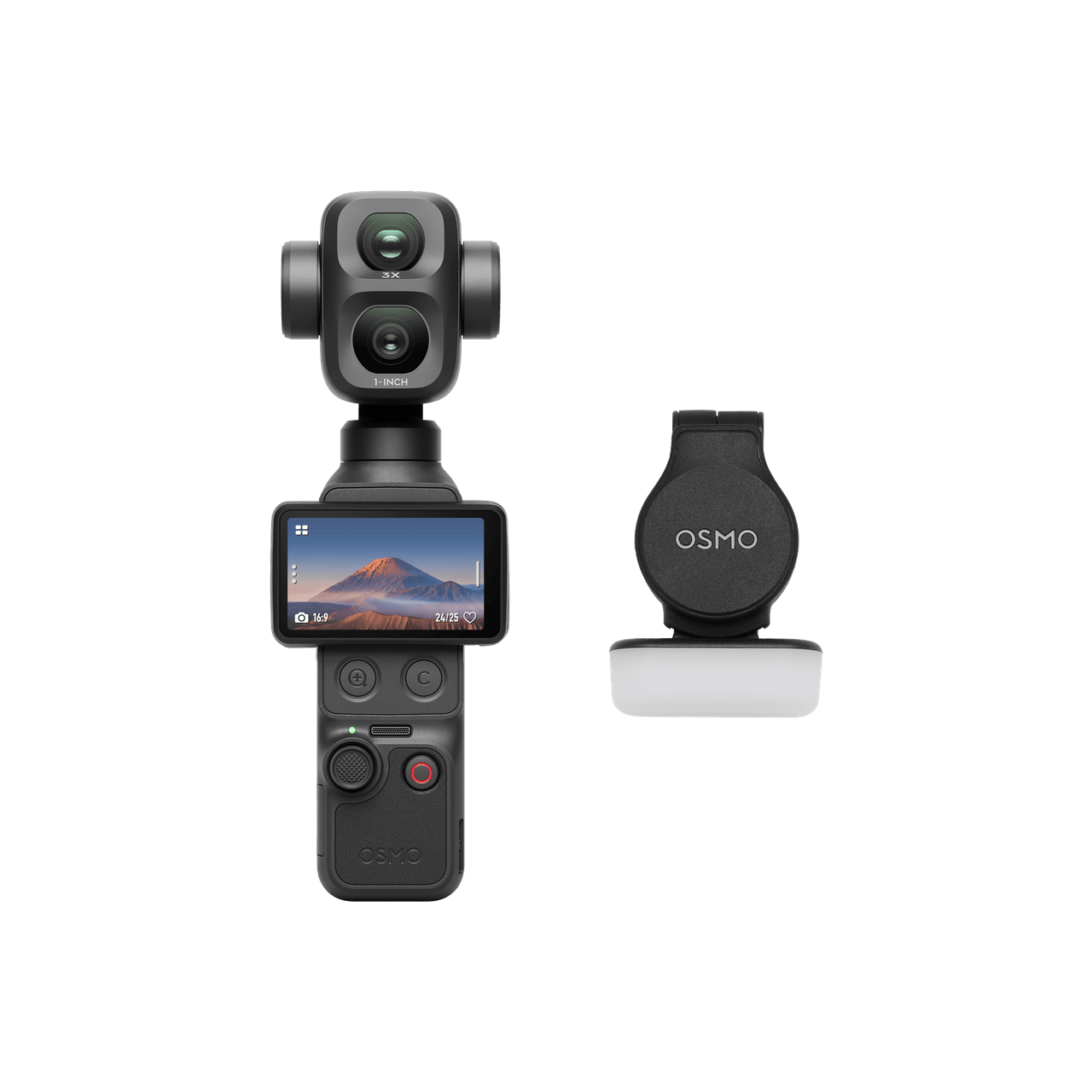 DJI Osmo Pocket 4P camera and fill light from the Standard Combo. Manufacturer reference image; fill light not included with Camera Only.