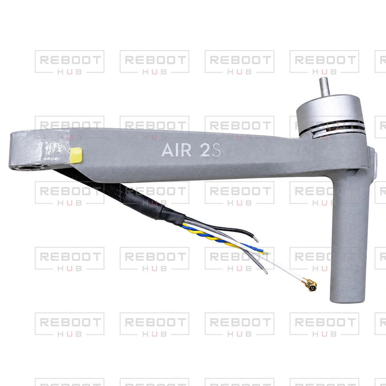 OEM-pulled DJI Air 2S Front Left Arm Module on white with Reboot Hub watermark overlay