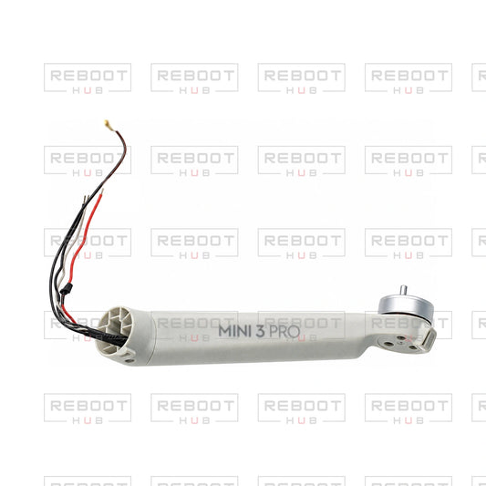 OEM-pulled DJI Mini 3 Pro Front Arm Left on white with Reboot Hub watermark overlay