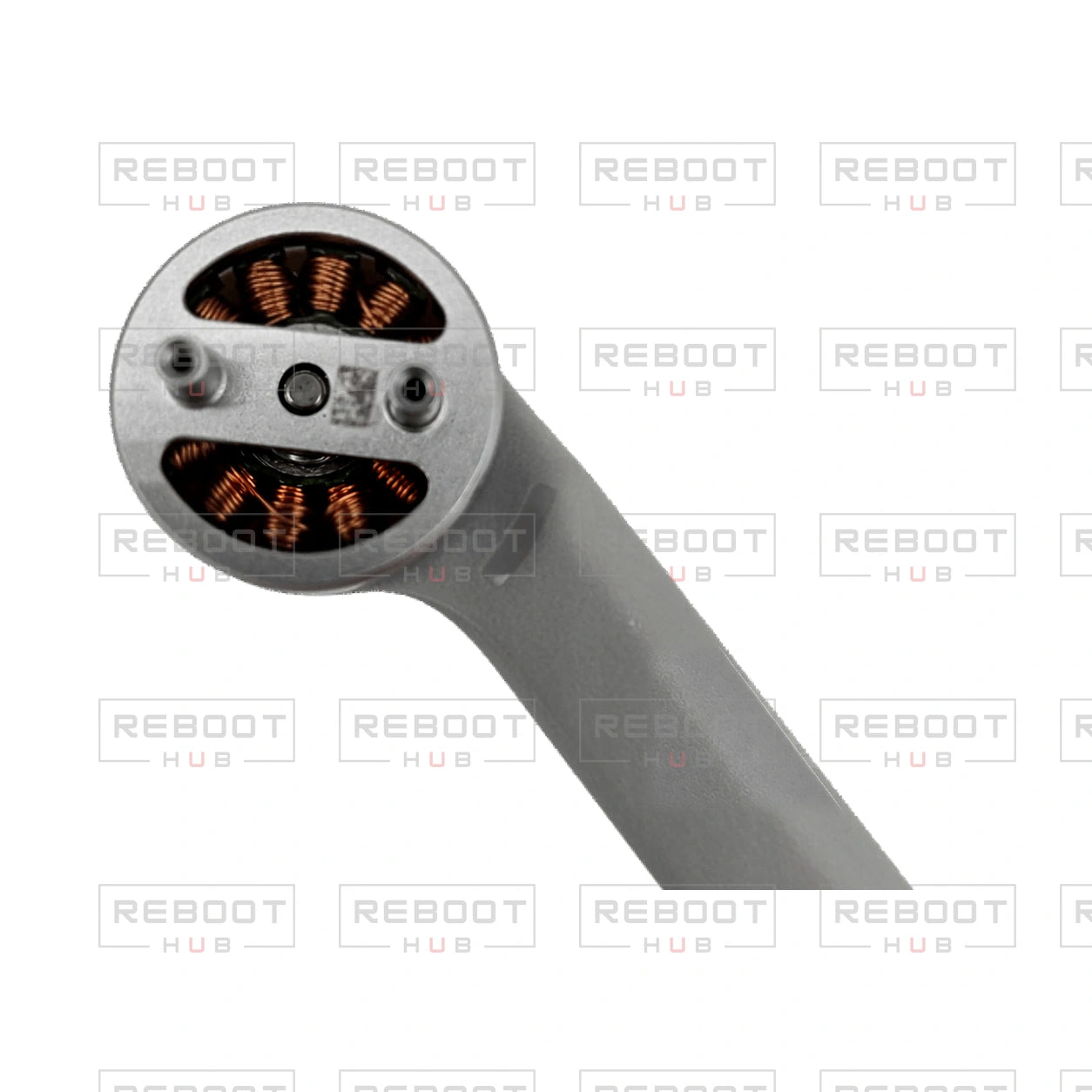 Actual motor detail from an original photograph of DJI Mini 3 Pro Rear Arm Left - OEM-pulled; OEM-pulled part on white with Reboot Hub watermark
