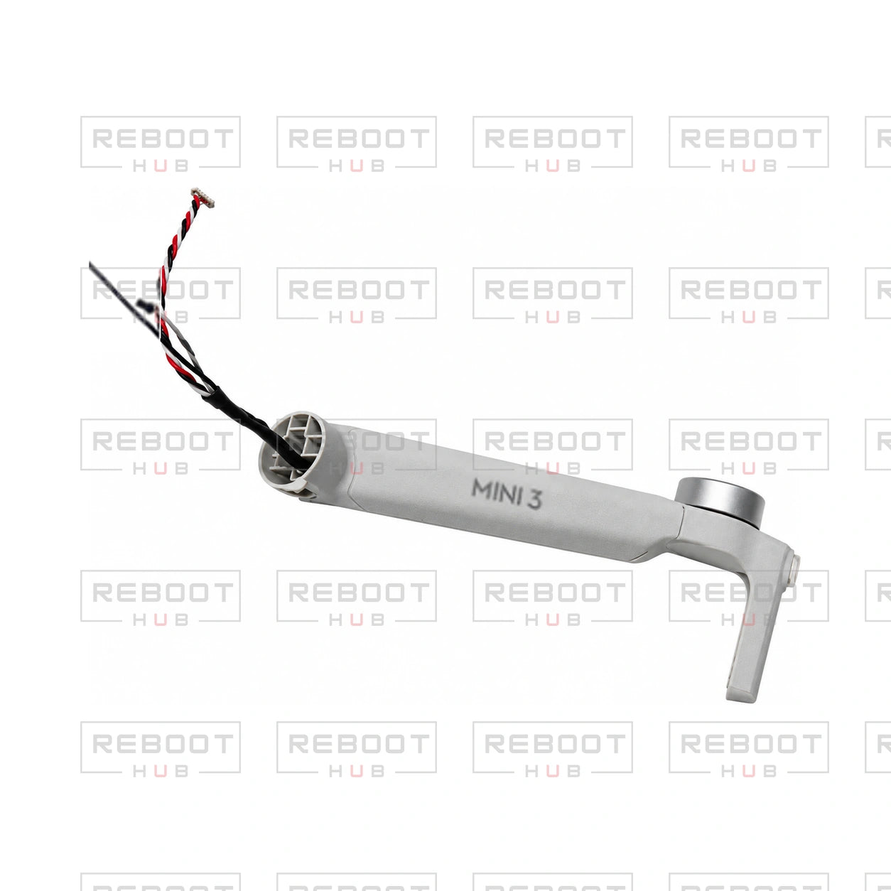 OEM-pulled DJI Mini 3 Front Arm Left on white with Reboot Hub watermark overlay