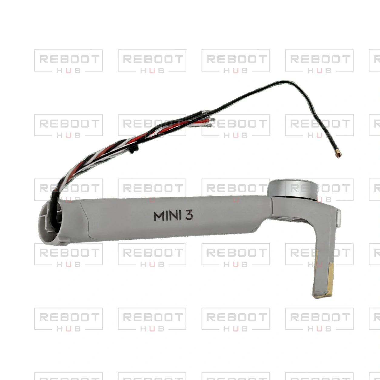 OEM-pulled DJI Mini 3 Front Arm Left on white with Reboot Hub watermark overlay