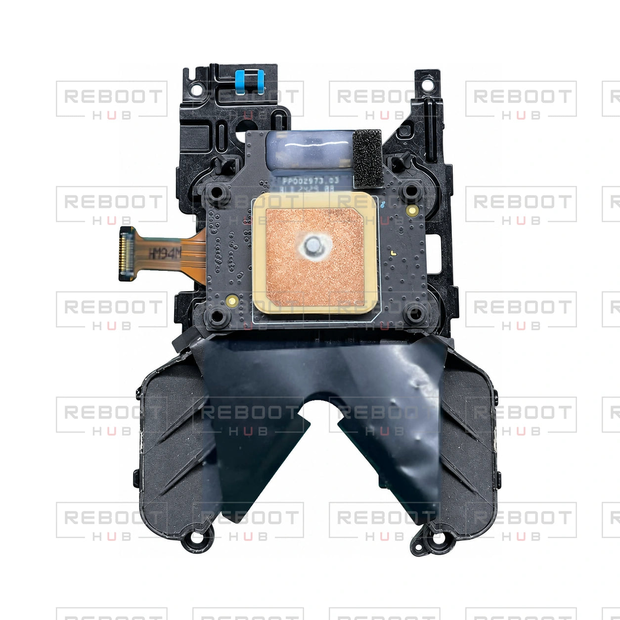 OEM-pulled DJI Mini 3 Pro GPS Module with Heat Sink Bracket on white with Reboot Hub watermark overlay