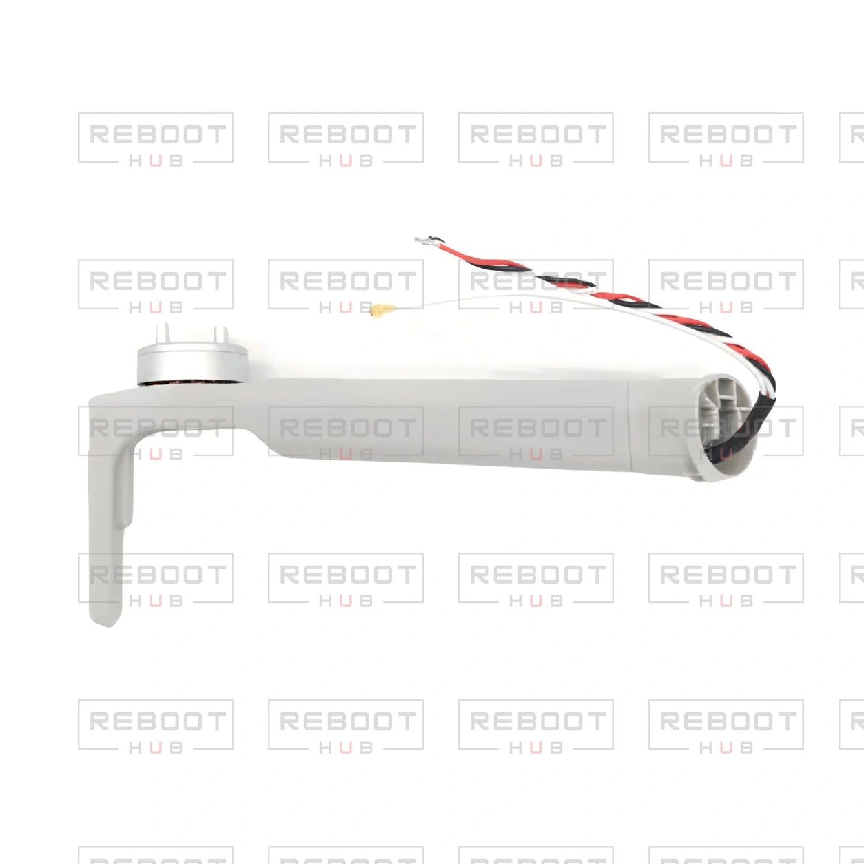 OEM-pulled DJI Mini 4 Pro Front Arm Left on white with Reboot Hub watermark overlay