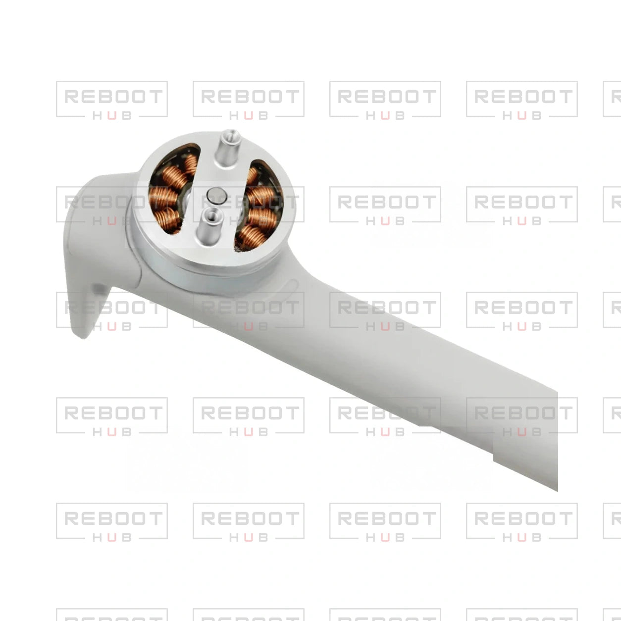 OEM-pulled DJI Mini 4 Pro Front Arm Left, original cropped motor close-up on white with Reboot Hub watermark overlay