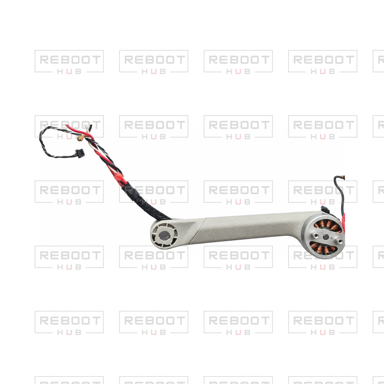 OEM-pulled DJI Mini 4 Pro Rear Arm Left on white with Reboot Hub watermark overlay