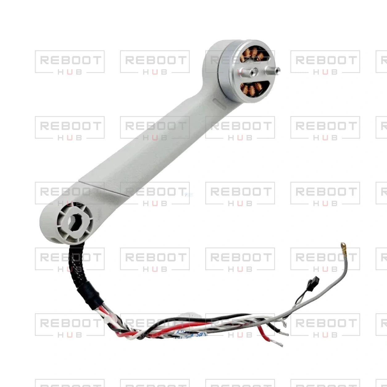 OEM-pulled DJI Mini 4 Pro Rear Arm Left on white with Reboot Hub watermark overlay
