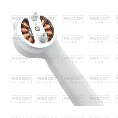 OEM-pulled DJI Mini 4 Pro Rear Arm Left, original cropped motor close-up on white with Reboot Hub watermark overlay